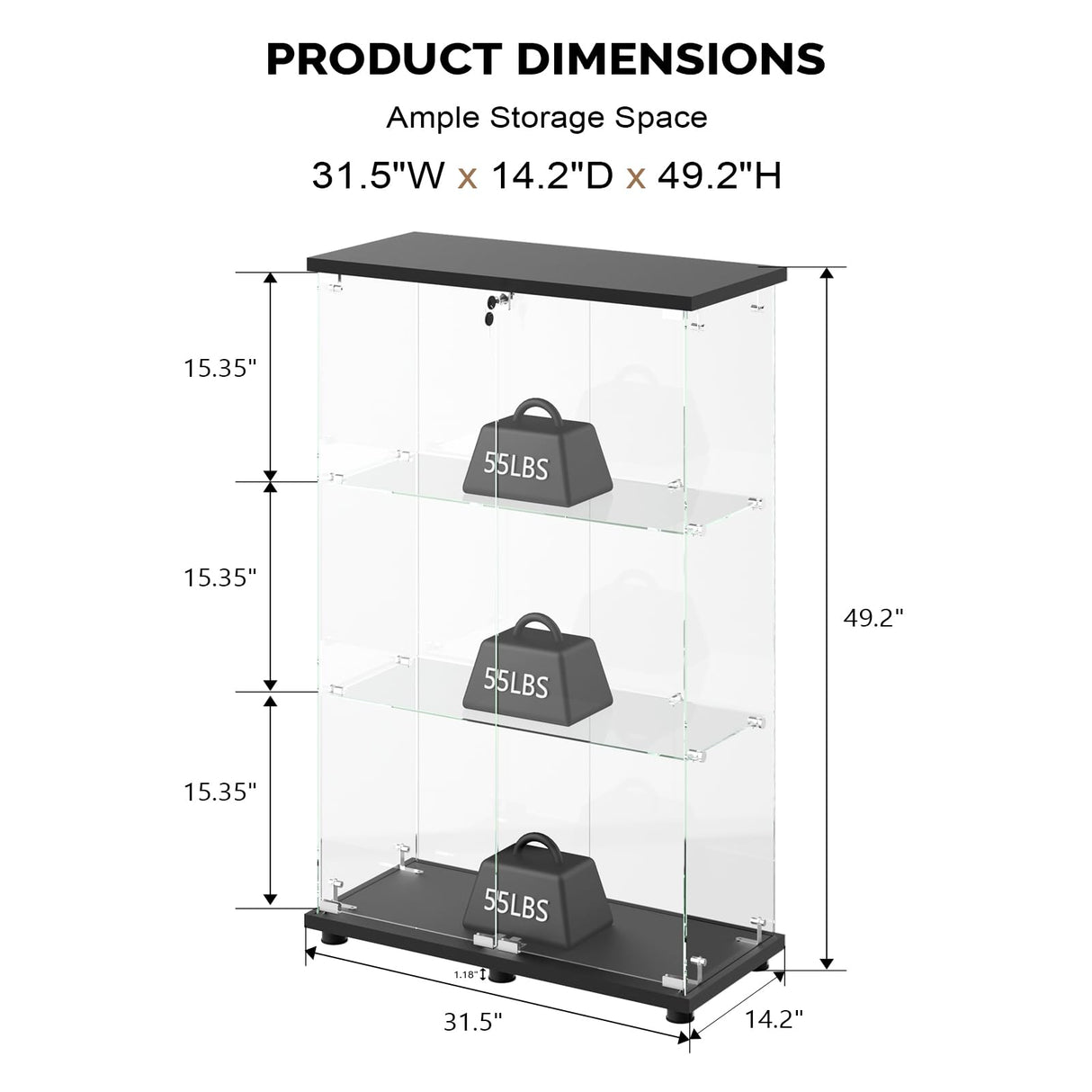 VINGLI Glass Display Cabinet with 3 Shelves, Double Doors and Lock, Floor Standing Curio Cabinets with LED Light, Upgraded Tempered Glass Bookshelf, for Living Room Living Room Bedroom Office, Black VINGLI