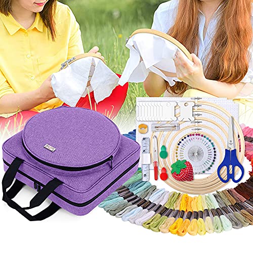 LoDrid Embroidery Kit, Embroidery Project Bag with Embroidery Kit, Portable Craft Carry Case with Starter Kit, Embroidery Supplies Storage Bag and Cross Stitch Kits for Beginner, Adults, Purple