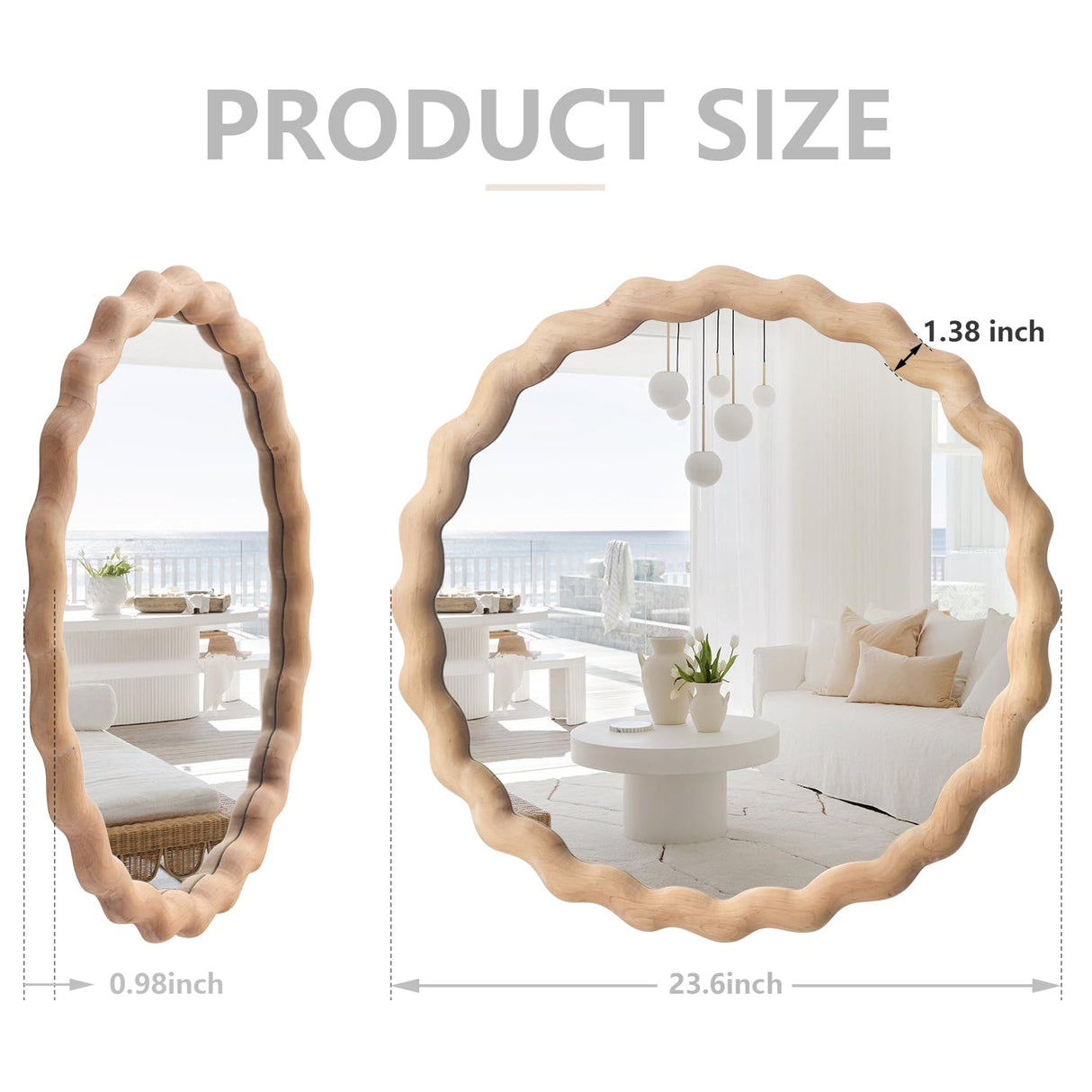 Irregular Wall Mirror,Wood Round Farmhouse Mirror Unique Vanity Mirror,24" Nature Wooden Modern Bathroom Mirror for Washroom Living Room Bedroom GLCS GLAUCUS