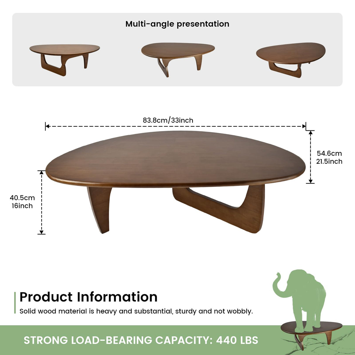 Solid Wooden Modern Triangle Coffee Table: Unique Funky Coffee Tables for Living Room, Oval Mid-Century Irregular Abstract Tea Tables for Patio Office Balcony Bedroom (Walnut, 33" L x 22" W x 16" H) YuUniqex