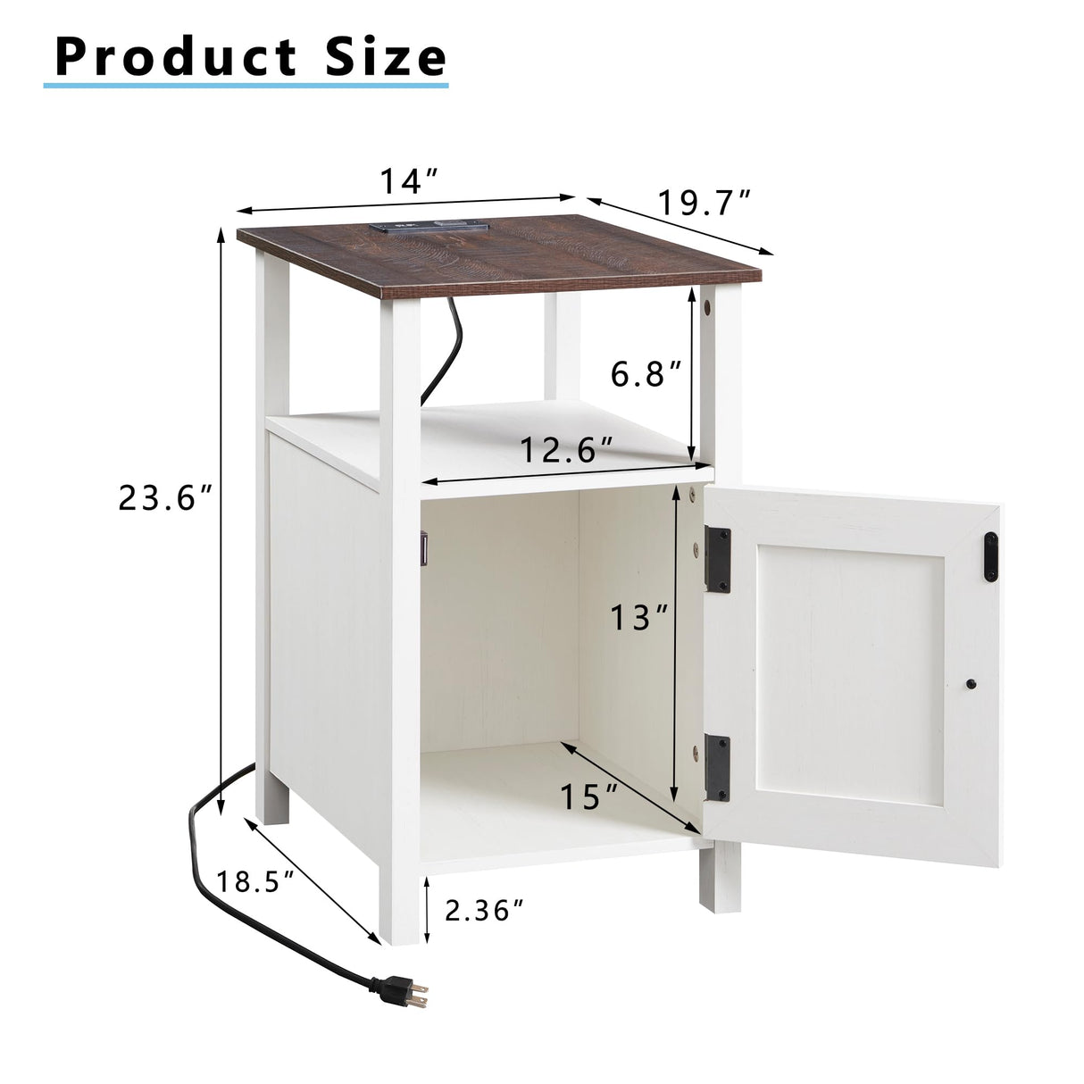 IFGET Farmhouse Nightstand Set of 2, End Table with Charging Station, Rustic Side Table w/Barn Door & Open Shelves, Bedside Table w/Storage Space and Storage Cabinet for Bedroom, Living Room (White) IFGET