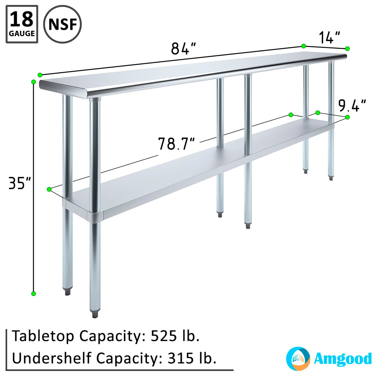 14" X 84" AmGood Stainless Steel Work Table | NSF Metal Prep Table | Commercial & Residential Kitchen Laundry Garage Utility Bench AmGood