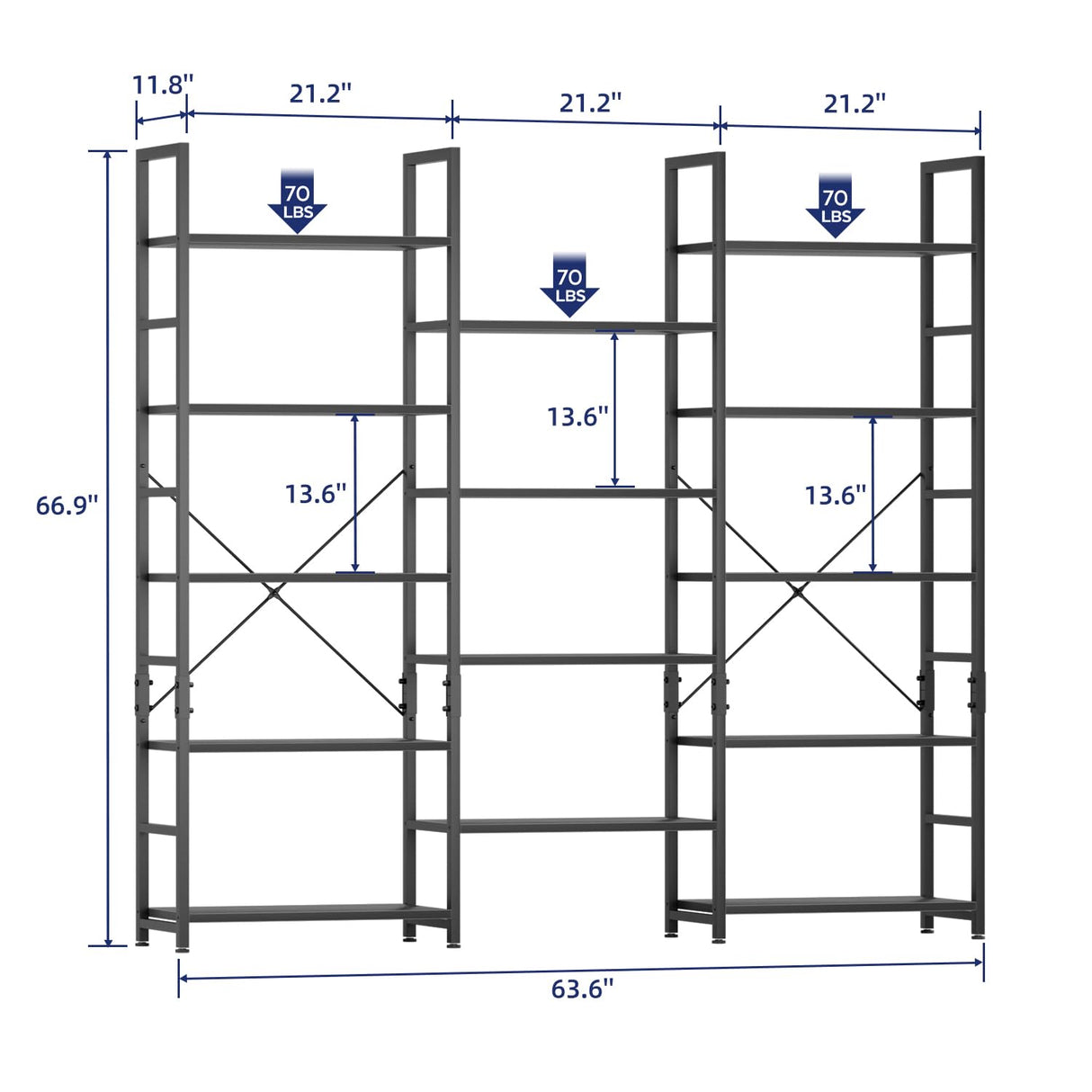 NUMENN Triple Wide 5 Tier Bookshelf, Rustic Industrial Style Bookcases and Bookshelves with 14 Open Display Shelves, Modern Tall Bookcase Furniture for Bedroom, Living Room and Home Office, Black NUMENN