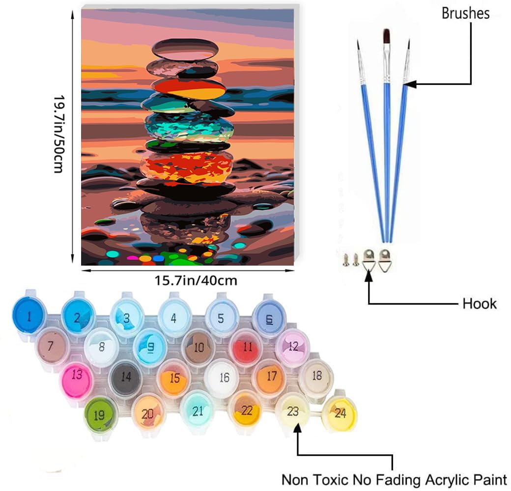 JUJUHOOD Sunset Beach Stone Paint by Numbers Beginner,Beach Scenery Paint by Number Kit for Adults, Adult Paint by Number Canvas with Paintbrushes and Acrylic Pigment16x20 inch,Sunset Beach Stone JUJUHOOD