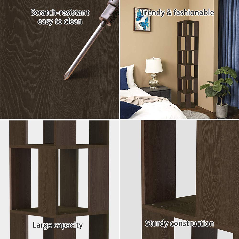 QIHANG-US 6-Tier Rotating Wooden Bookcase in Black Walnut – Modern Floor Standing Shelf for Home and Office QIHANG-US