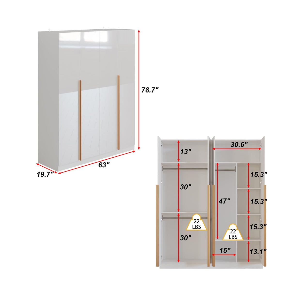 Homsee 63" W Wardrobe Closet Armoire with 4 Glossy Doors, Wooden Bedroom Clothing Storage Cabinet with 3 Hanging Rods & 10 Storage Compartments, White Homsee