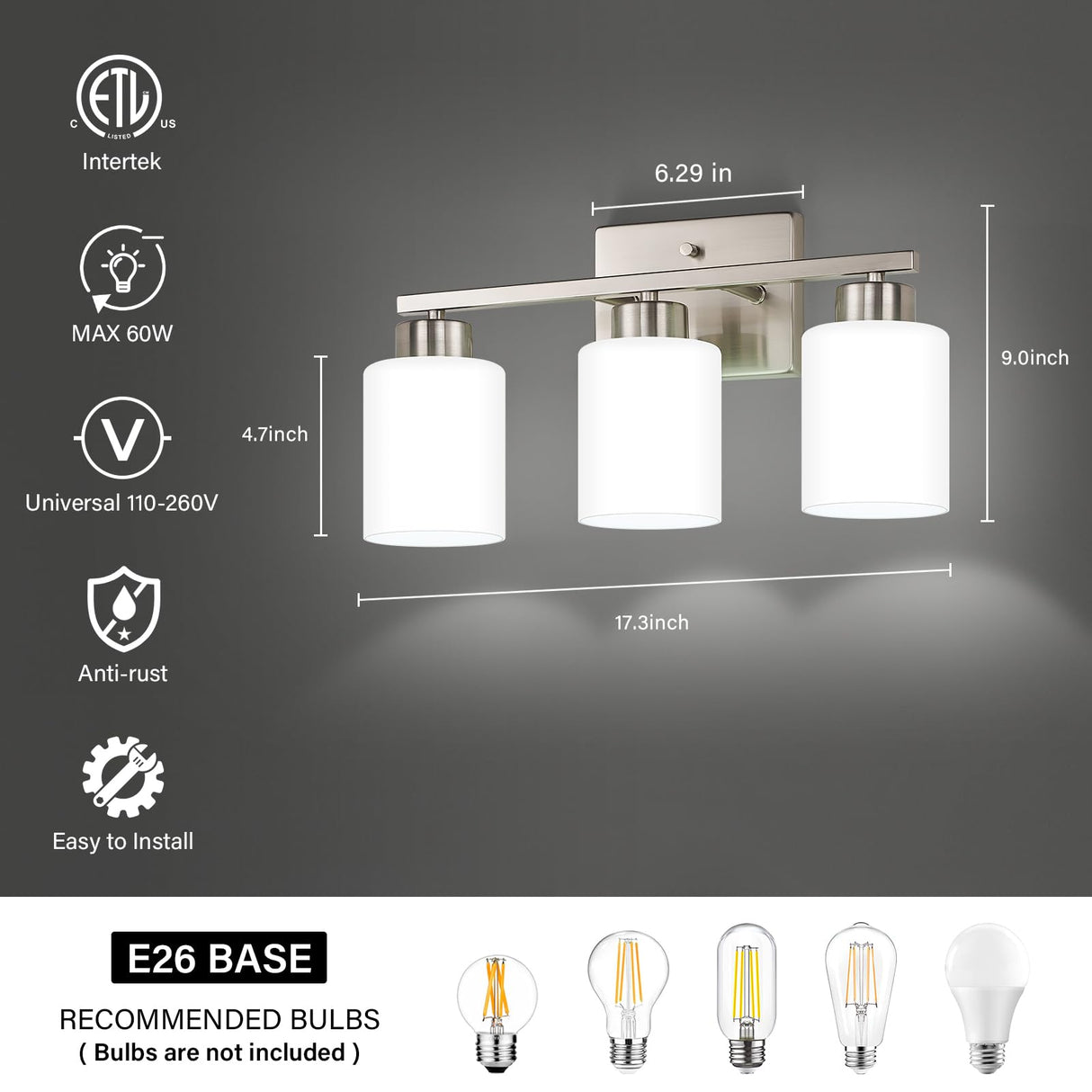 FonmYim Brushed Nickel Bathroom Light Fixtures, 3-Light Modern Vanity Light Over Mirror, Wall Sconces with Milky White Frosted Glass Shades, E26 Socket (Bulbs Not Included) FonmYim