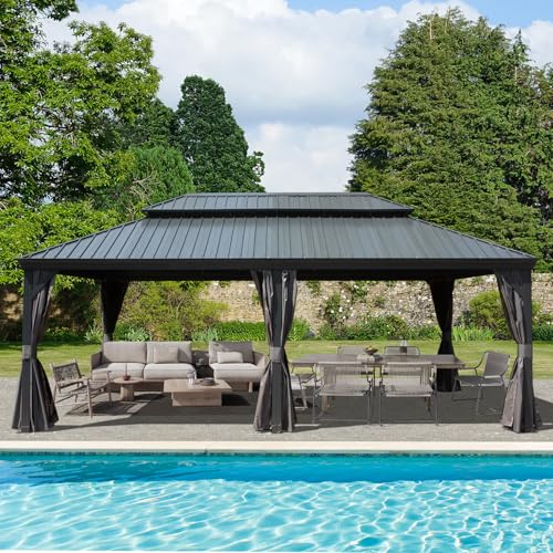 Domi Hardtop Gazebo 14x22FT, Outdoor Gazebo with Galvanized Steel Double Roof, Aluminum Frame, Built-in Gutter System, Curtain and Netting, Metal Gazebo Pavilion for Patio Deck Garden, Grey domi outdoor living
