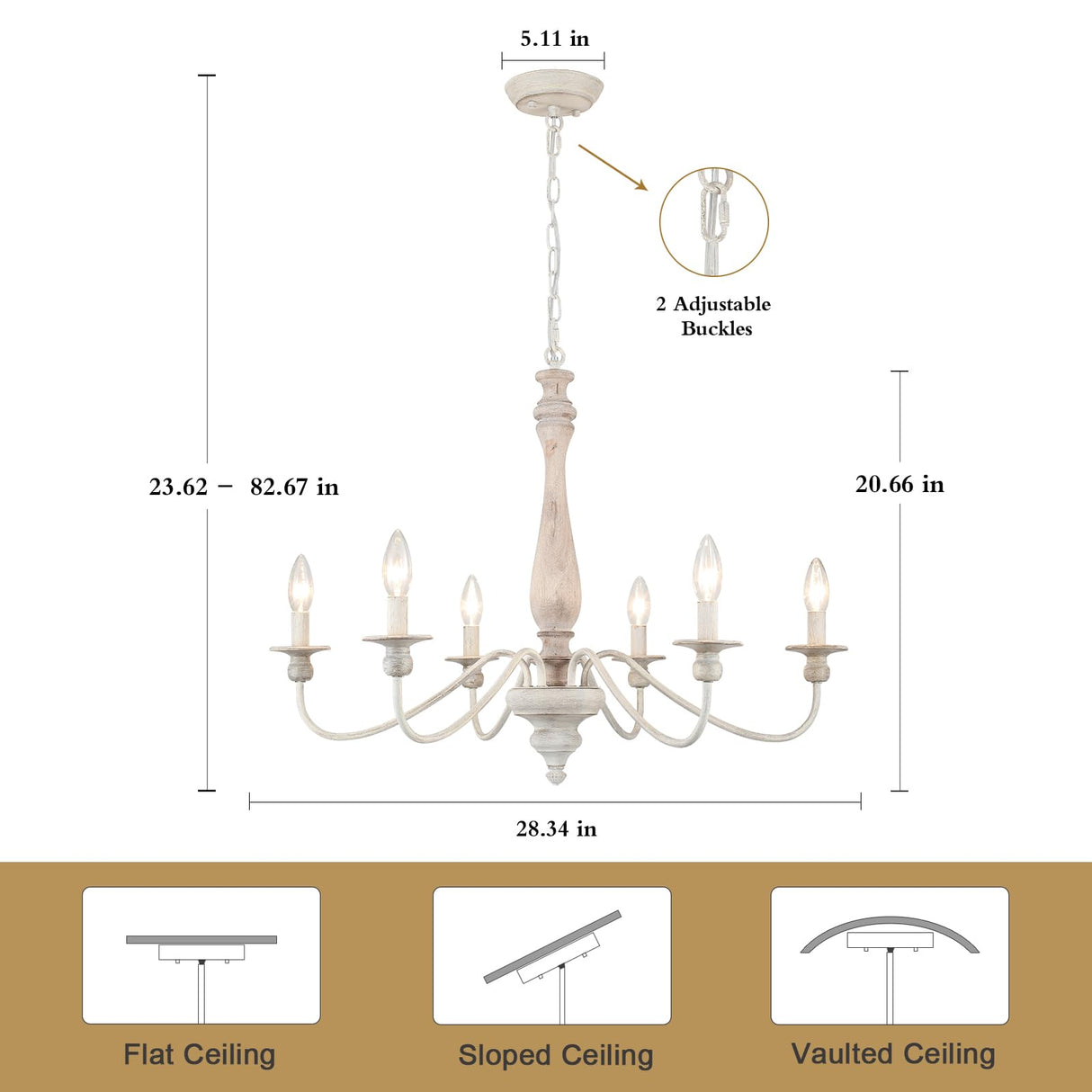 Farmhouse Chandeliers for Dining Room 6 Lights, Distressed White Wood French Country Chandelier, Rustic Chandeliers Farmhouse for Bedroom Living Room Foyer BYKWRTV