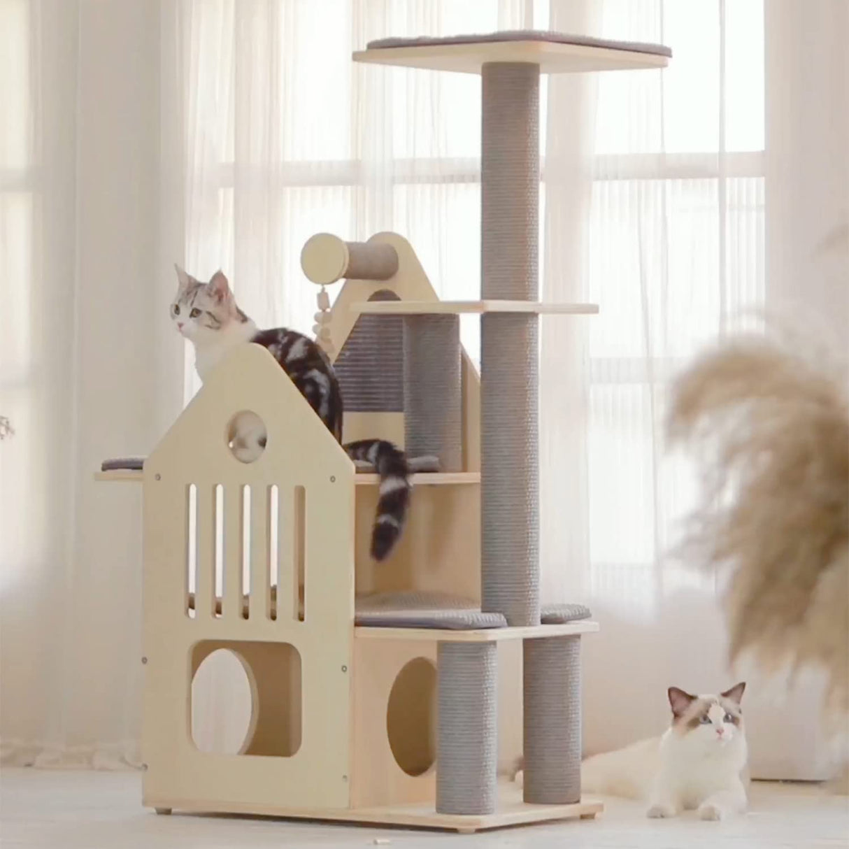 Pawlabay Wood Cat Tree for Indoor Cats,Cat Tree Tower with Cat Scratching Post,Cat Tower for Indoor Cats with Mutil-Level Cat Houses,44.5 Inch Tall PawlaBay