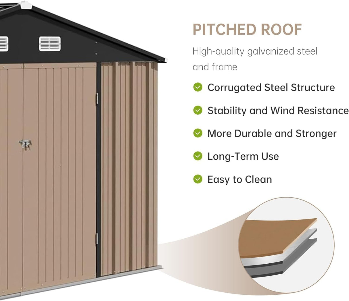 Garvee 10 x 8 FT Metal Storage Shed, Large Outdoor Storage Shed with Updated Frame Structure, Lockable Door and Air Vent, Utility Tool Storage House for Patio Garden Lawn Backyard, Brown Garvee
