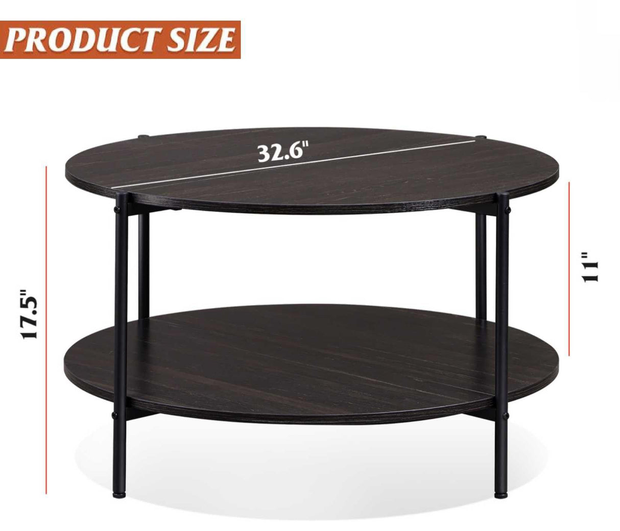 WLIVE Round Coffee Table for Living Room, 32.6" Small Coffee Table with Open Storage Shelf, 2-Tier Industrial Circle Wood Center Table for Bedroom, Home Office, Charcoal Black WLIVE