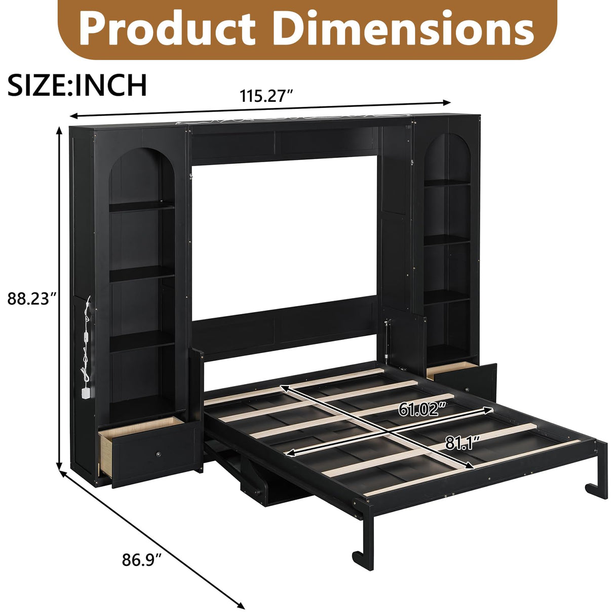 HSUFLWS Queen Size Murphy Bed with Shelves & Cabinets, Foldable Wall Bed with LED Lights, Drawers & Desk, Modern Space Saving Wooden Bed Frame, 500 lbs Capacity (Black) HSUFLWS