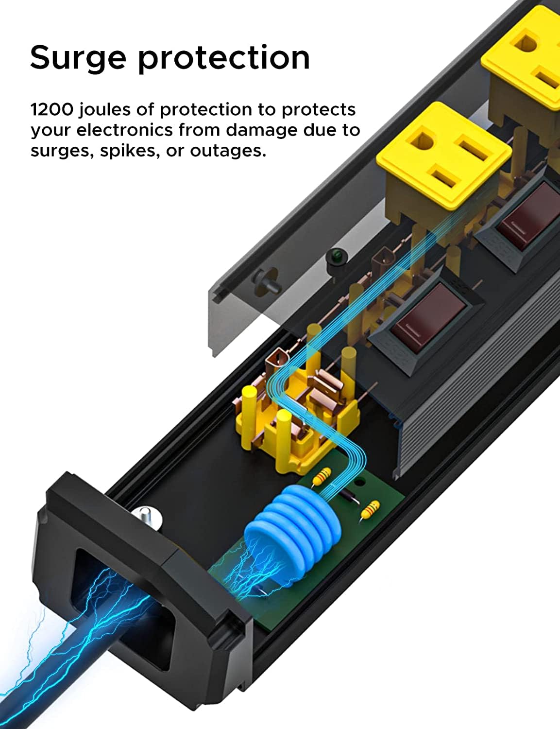 CRST 6 Outlet Metal Heavy Duty Power Strip with Individual Switches, 6FT Wide Spaced Garage Power Strip, Mountable Power Strip Surge Protector (1200 Joules), 15amp/1875W, 14AWG SJT Power Cord CRST