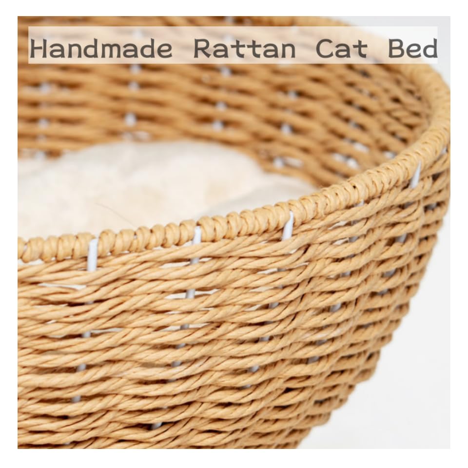 54" Modern Cat Tree for Large Cats, Wood Luxury Multi-Level Oak Solid Wood Cat Trees Cat Towers with 3 Rattan Weaving Cat Nests & Washable Cushions, Sisal Scratching Posts, for Indoor Cats-Lacquered MewJoyee