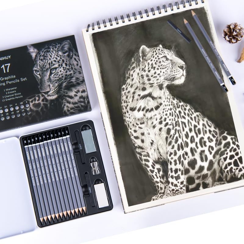 HNIHUY Professional Sketch Pencils Set, 17 Pcs, Graphite Pencils (8B-4H), Erasers and Sharpener, Art Drawing Pencil for Artists Beginner Sketching WoodArtSupply