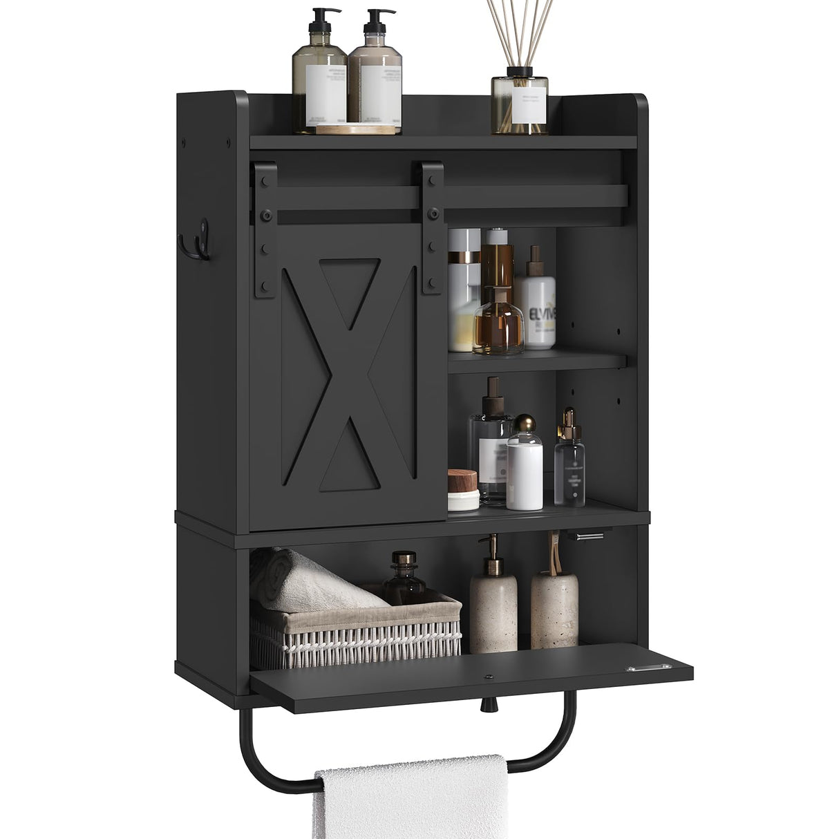 MAHANCRIS Bathroom Wall Cabinet, Farmhouse Medicine Cabinets with Sliding Door, Wall Mounted Storage Cabinet with Adjustable Shelf and Towel Bar, for Bathroom, Living Room, Kitchen, Black MAHANCRIS