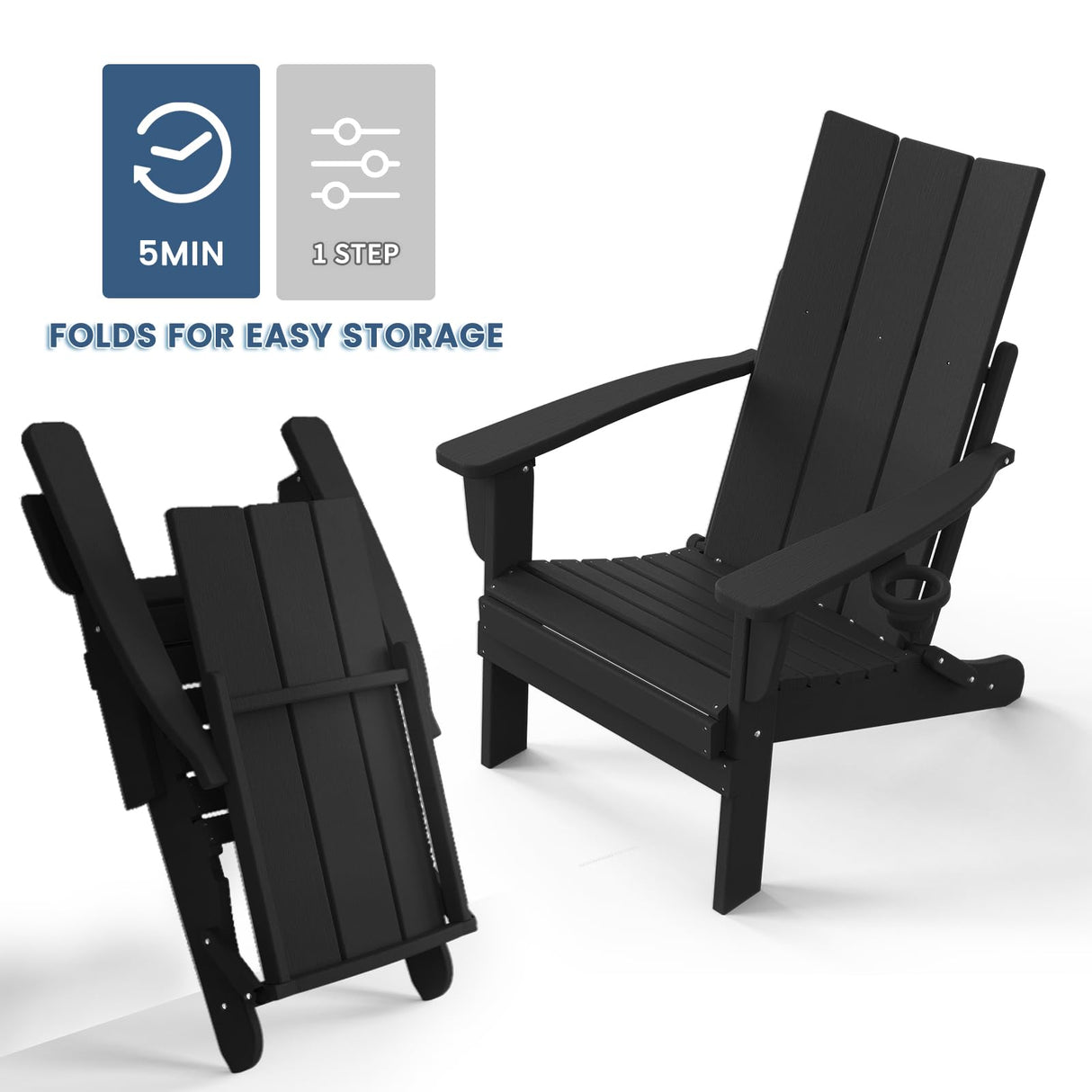 Folding Adirondack Chair with Cup Holder, Poly Lumber Patio Chairs, Wood Texture, Pre-Assembled Weather Resistant Outdoor Chairs for Pool, Deck, Backyard, Garden, Fire Pit Seating, Black POLYDUN