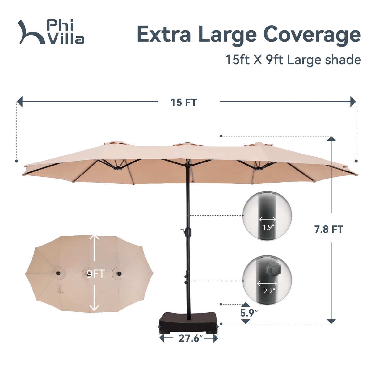 PHI VILLA 15ft Large Patio Umbrellas with Base Included, Outdoor Double-Sided Rectangle Market Umbrella with Crank Handle, for Poolside Lawn Garden, Beige PHI VILLA