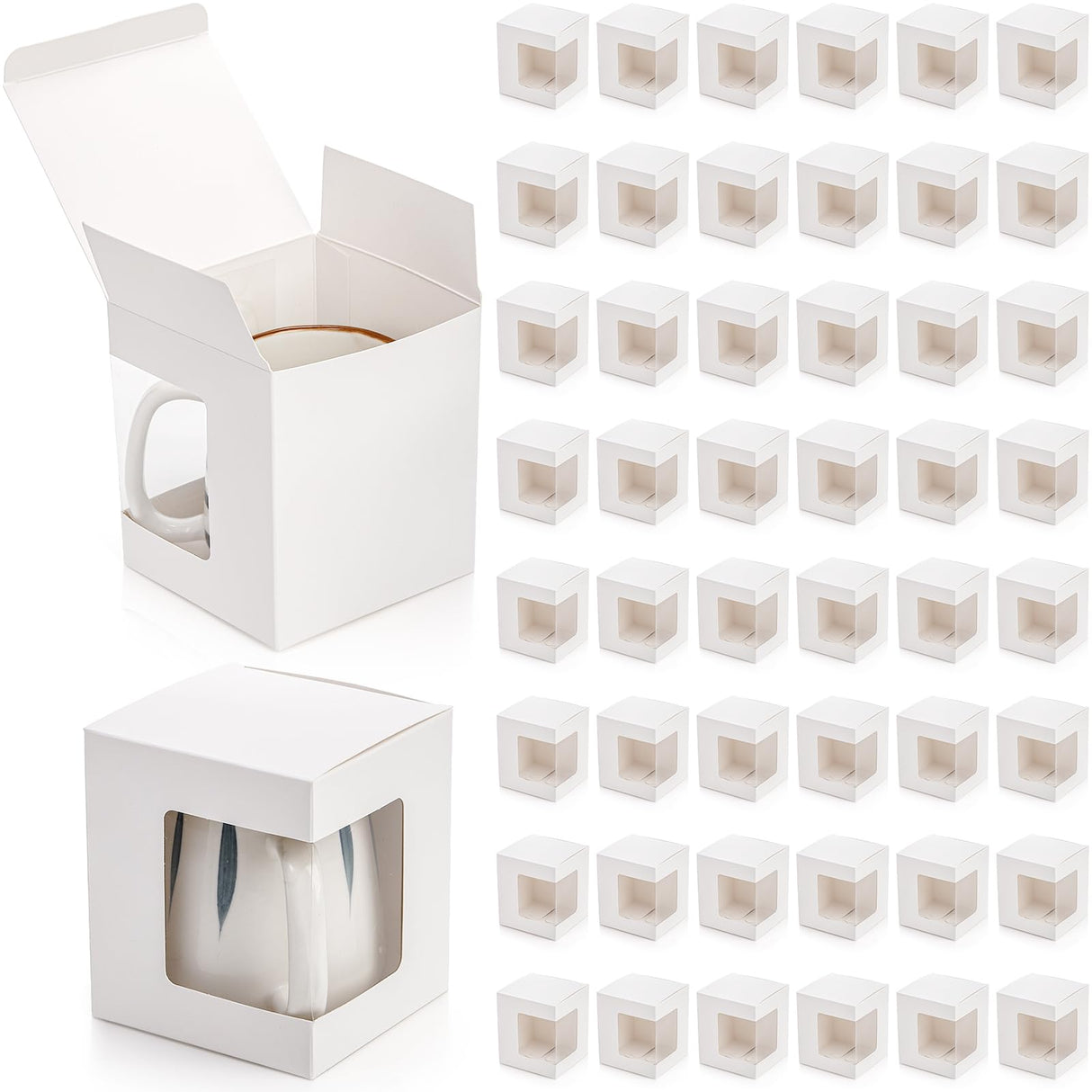 AVLA 50 Pack Gift Boxes for Sublimation Mugs, 4.3x4.3x5'' Small White Packaging Box, 12OZ 15OZ Transparent Cups Wrapping Box with Clear View Window, Cupcake Box Christmas Ornament Box for Wedding AVLA