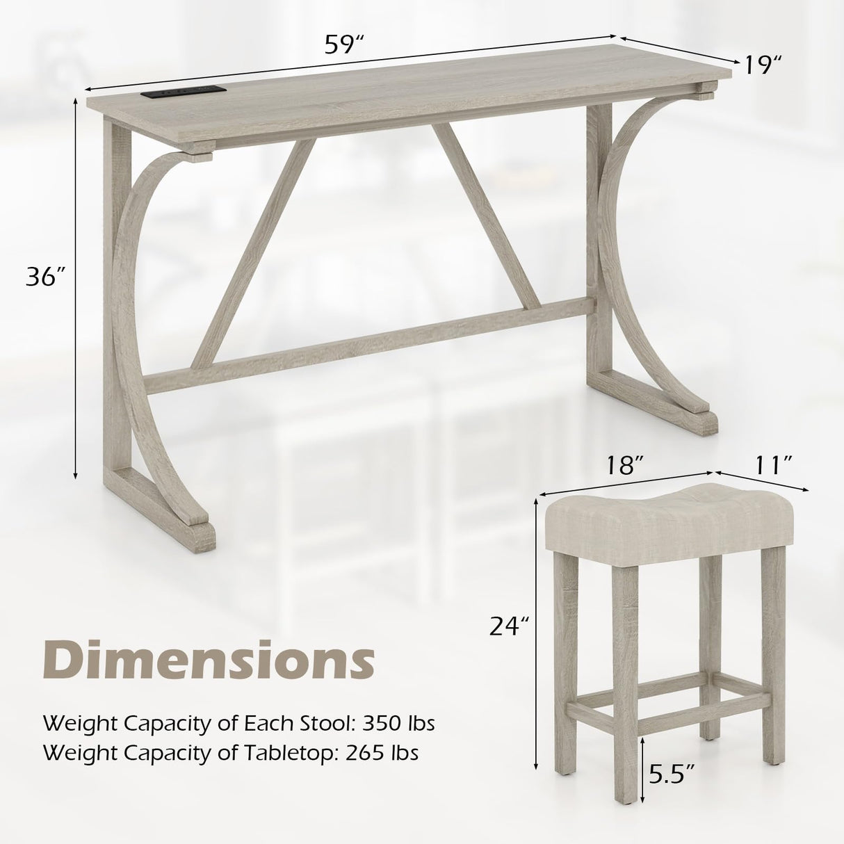 COSTWAY 4-Piece Farmhouse Bar Table Set with Power Outlet, Counter Height Dining Table Set w/ 3 Upholstered Stools, Wood Console Table Set Bistro Table Set for Kitchen, Dining Room, Living Room COSTWAY