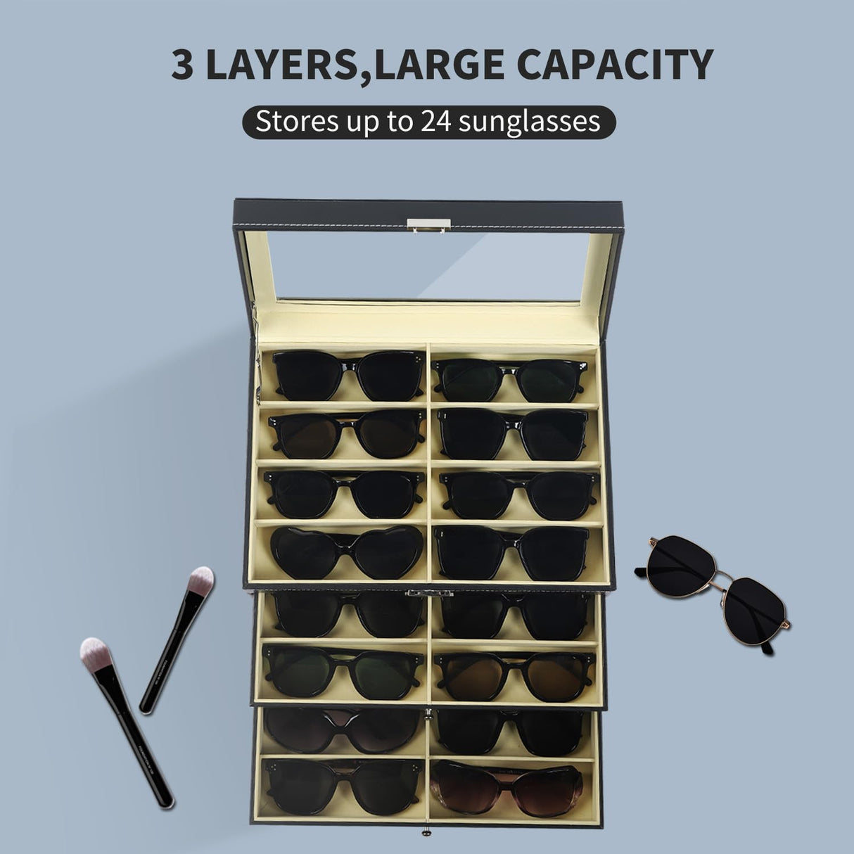 AUTOARK Leather 24 Piece Eyeglasses Storage and Sunglass Glasses Display Drawer Lockable Case Organizer,Black,AW-095 AUTOARK
