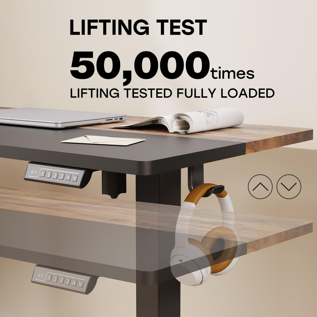 JYLH JOYSEEKER Electric Standing Desk, 48 X 24 Inch Adjustable Height Table, Sit Stand Desk with 2 Hooks, Ergonomic Rising Desk with Splice Board,Black & Rustic Brown JYLH JOYSEEKER