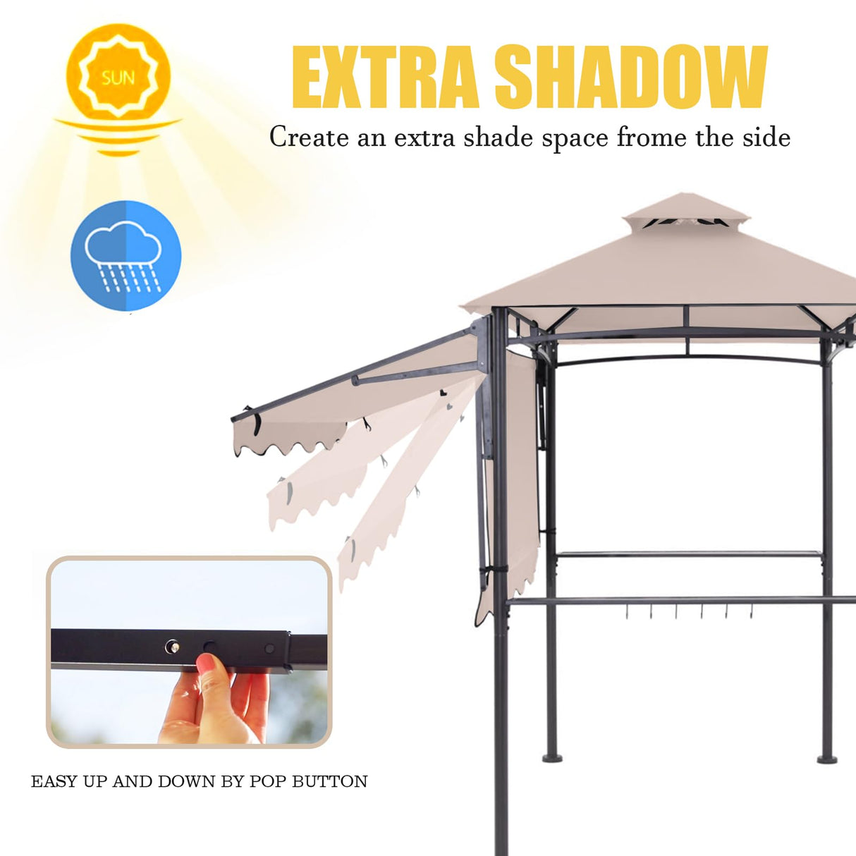 CHARMELEON Double Tiered Grill Gazebo 5x8, Outdoor BBQ Patio Canopy Tent with Stretchable Side Awning (Beige) CHARMELEON