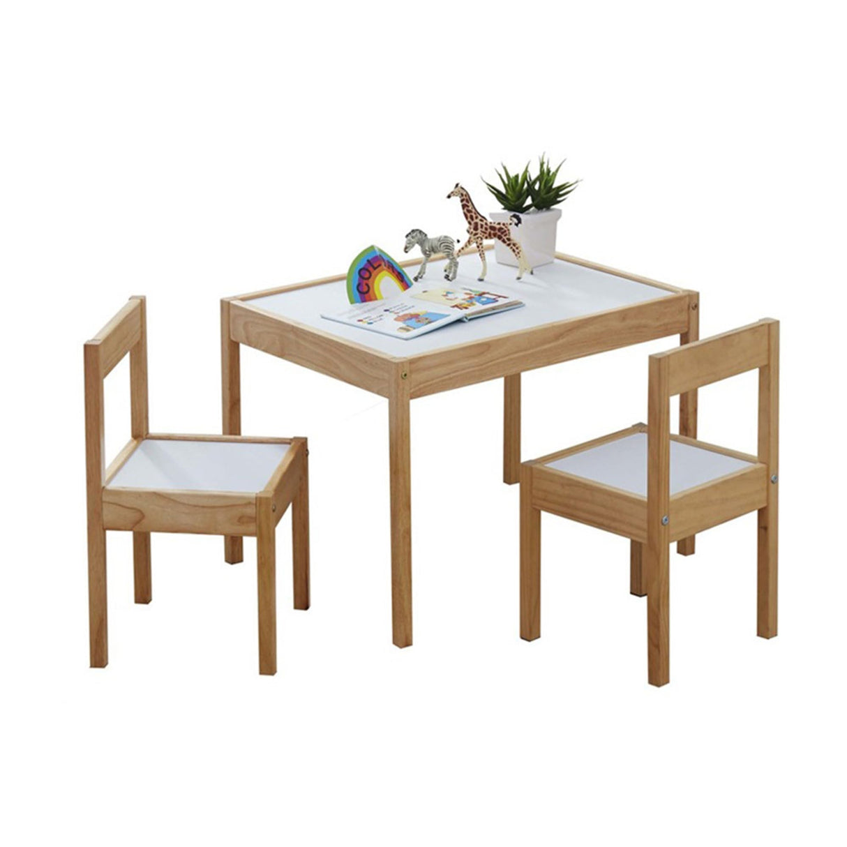 PJ Wood 3 Piece Solid Rubberwood Table and Chairs Set with Natural Finish, Rounded Edges and Corners, and Wipeable Dry Erase Surface PJ Wood