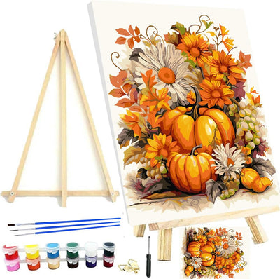 Meothan Paint by Numbers Kits for Adults Framed, Fall Paint by Number for Adults Beginners, Autumn Pumpkin Paint by Numbers Kits on Canvas with Framed for Home Wall Decor 12x16inch (with Easel)