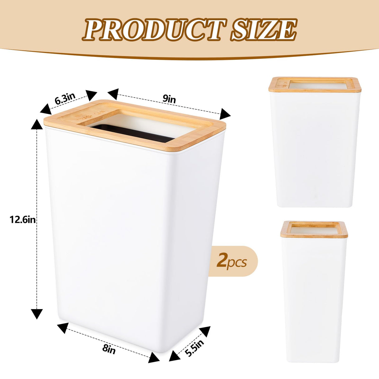 Suclain 2 Pcs Slim Trash Can 2.3 Gal, Small Wastebasket with Semi Open Bamboo Lid Plastic Waste Basket Rectangular Garbage Container Bin Trashcan for Bathroom Bedroom Kitchen Office Living Room Home Suclain