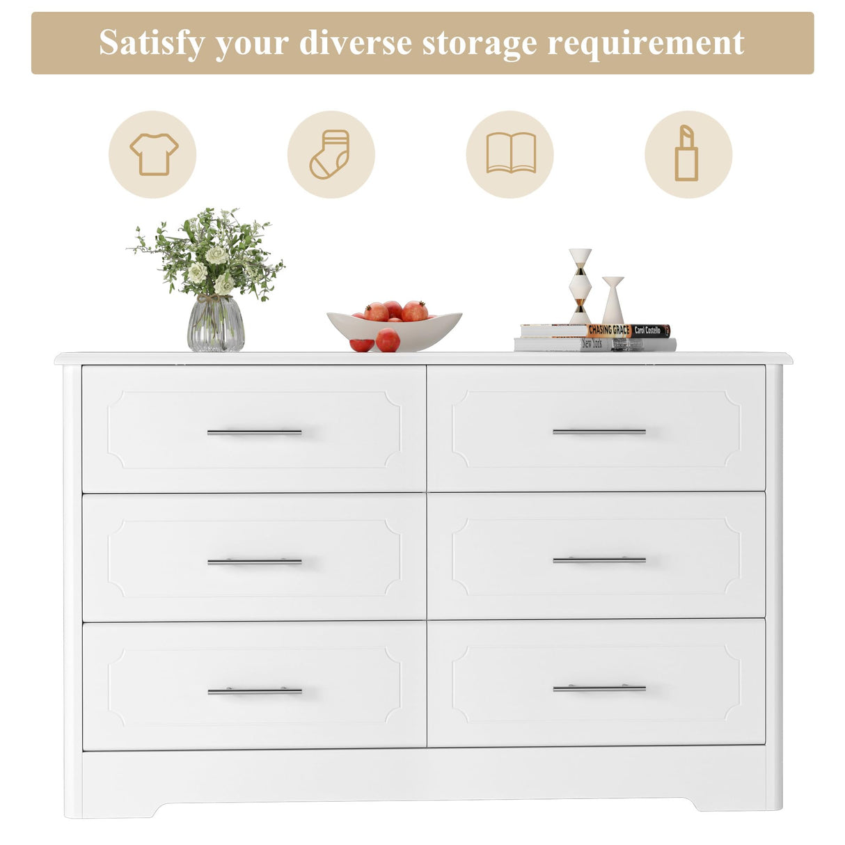 HOSATCK 6 Drawer Dresser, Modern White Double Dresser, Wide Chest of Drawers with Metal Handels, Accent Wood Storage Dresser Chest Organizers for HOSTACK