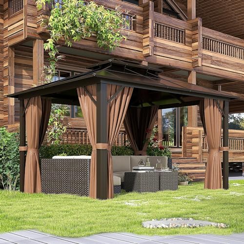 Jolydale 10'x12' Hardtop Gazebo,Outdoor Polycarbonate Gazebo, Double Roof Gazebo, Aluminum Frame Permanent Pavilion with Netting and Curtains, for Patios, Gardens, Backyard Jolydale