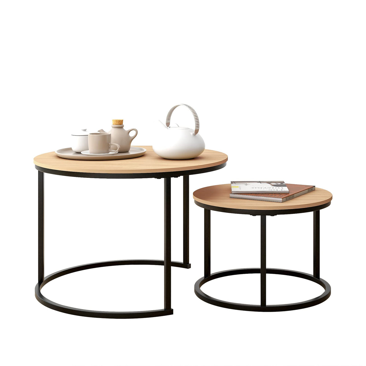 HOJINLINERO Industrial Round Coffee Table Set of 2 End Table for Living Room,Stacking Side Tables, Sturdy and Easy Assembly,Wood Look Accent Furniture with Metal Frame,Black+Teak OAKDK HOJINLINERO