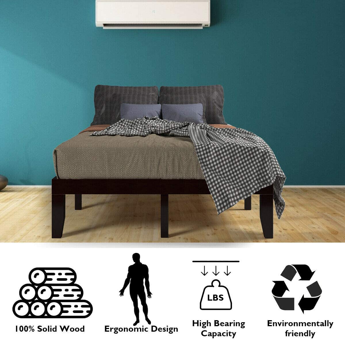 Giantex Queen Wood Platform Bed Frame, 14 Inch Solid Rubber Wood Mattress Foundation, Heavy Duty Wood Slats Support, No Box Spring Needed, Easy Assembly, Espresso Giantex