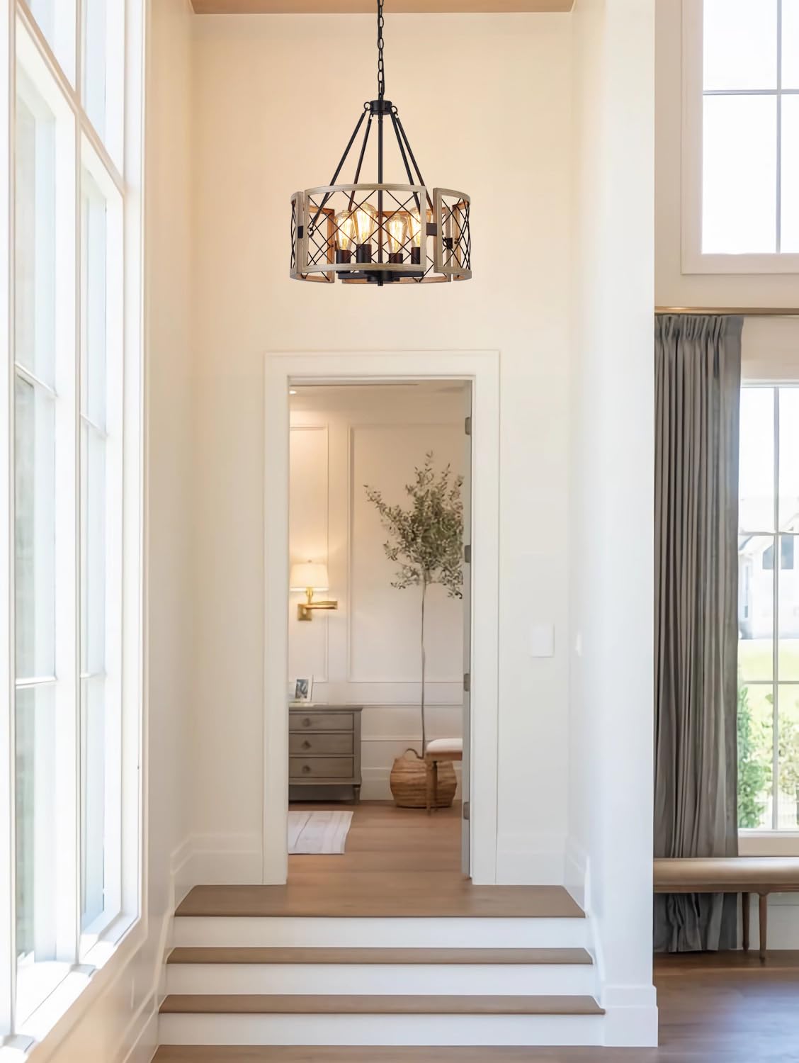 SANTOSTOCK Modern Farmhouse Chandelier, Rustic 4-Light Dining Room Chandelier Light Fixture Kitchen Island Light, Adjustable Hanging Light for Bedroom Entryway Foyer Living Room, Grey Wood SANTOSTOCK