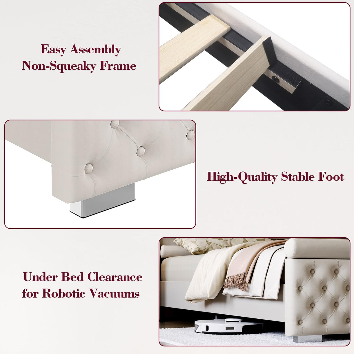 ROCHECASA Twin Bed Frame with Storage, Velvet Upholstered Bed with Charging Station and LED Light, Deep Button Tufted Wingback Headboard, No Box Spring Needed, Noise Free, Easy Assembly, Cream ROCHECASA