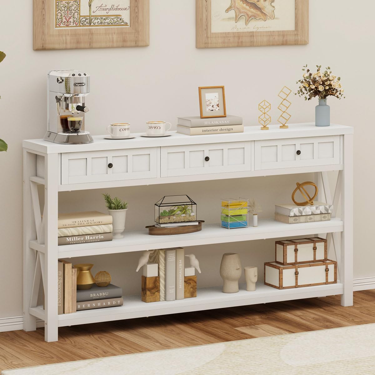 FATORRI Rustic Wood and Metal Console Table with 3 Drawers for Entryway and Living Room - White Oak FATORRI
