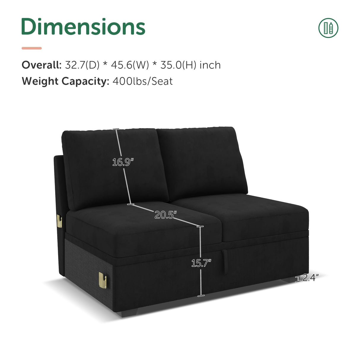 HONBAY Storage Loveseat for Modular Sleeper Sofa with Pull Out Bed, Double Seat with Storage for Couch Bed, Velvet Black HONBAY