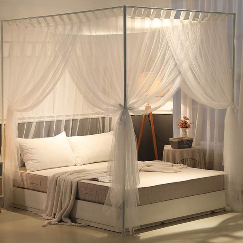 Mengersi Simple 4 Corners Post Curtain Bed Canopy Bed Frame Canopies Net Bed Curtains,Bedroom Decoration Accessories(Queen,White) Mengersi