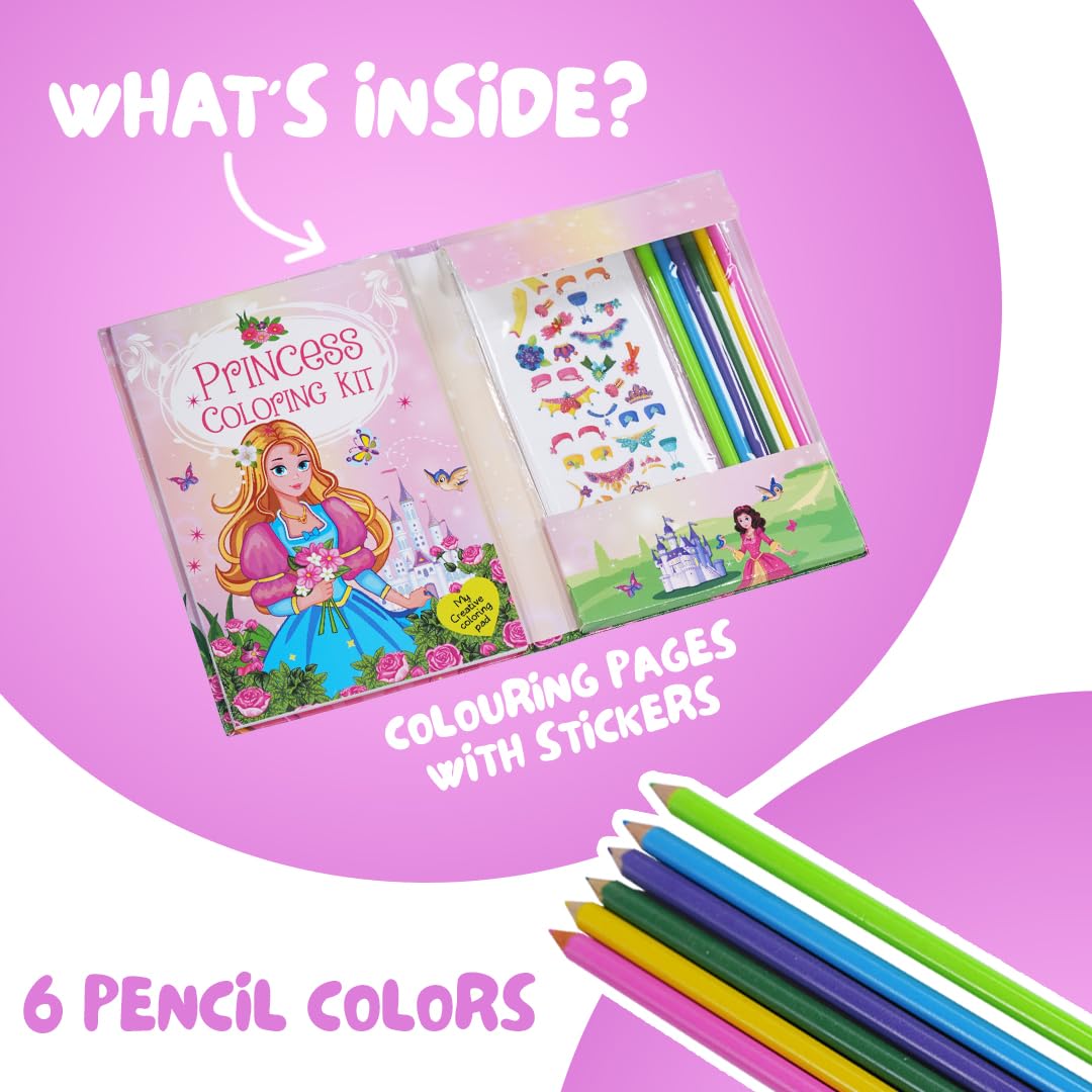 FIRSTJIGGLE Princess Colouring Art Kit for Girls Age 3 4 5 6 7 8 Old | 48 Pages & 8 Sticker Sheets | 6 Color Pencils | Magical Princess Scenes | Creative Activity Book for Fun, Learning and Gift FIRSTJIGGLE