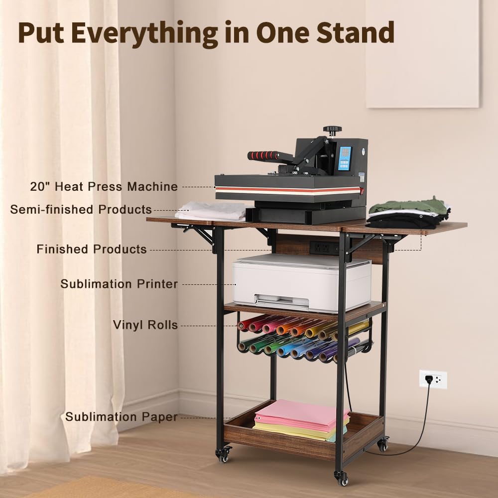 Kokorona Heat Press Table Stand with Vinyl Roll Holder & Charging Station, 3 Tier Heavy Duty Heat Transfer Machine Stand for Sublimation Print, Movable Rolling Metal Workbench with Folding Shelf Kokorona