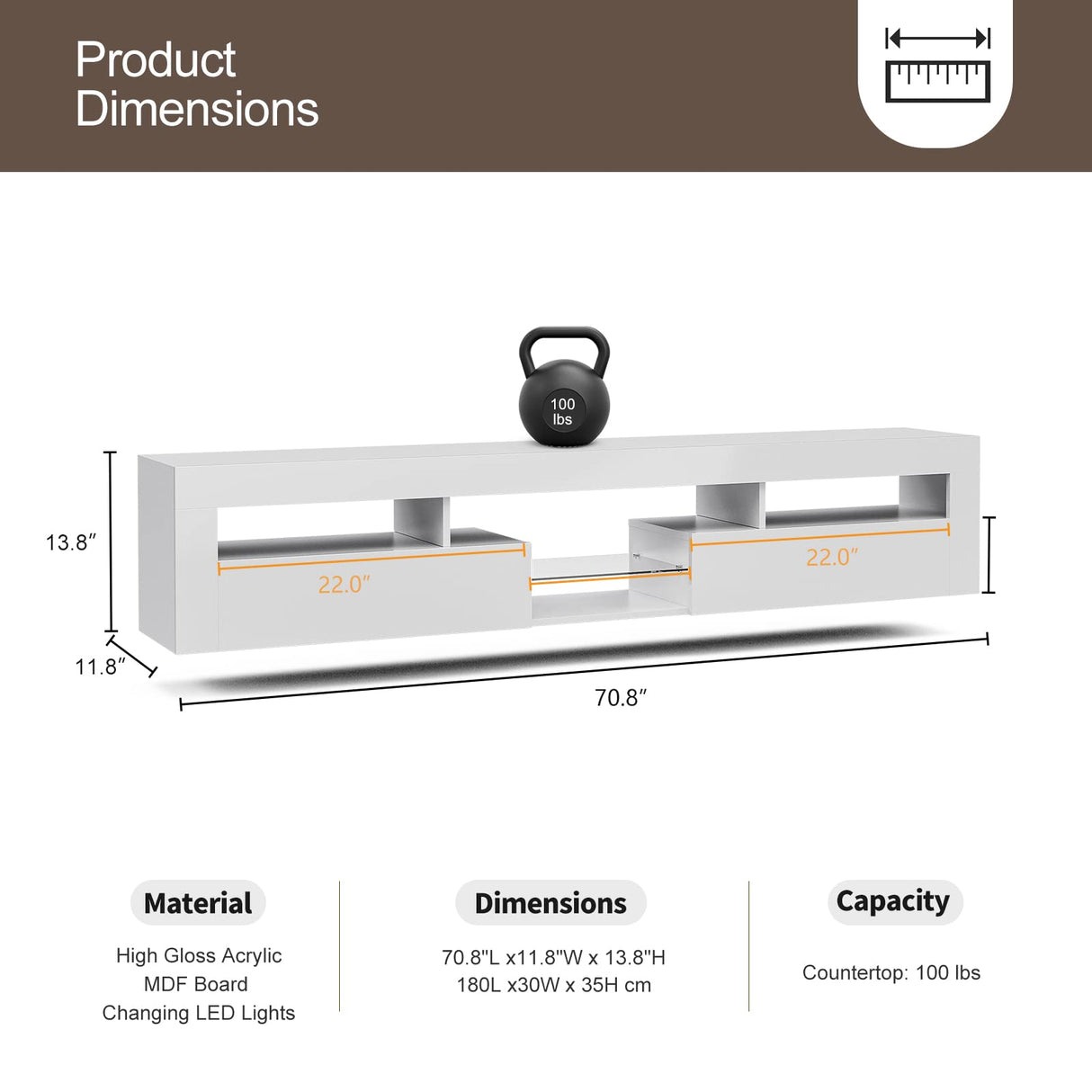 IKIFLY LED Floating TV Stand for 85+ inch TV, White High Glossy Wall Mounted Haning TV Stand with 2 Cabinets, Modern Floating Entertainment Center Console Shelf for Living Room, Bedroom IKIFLY