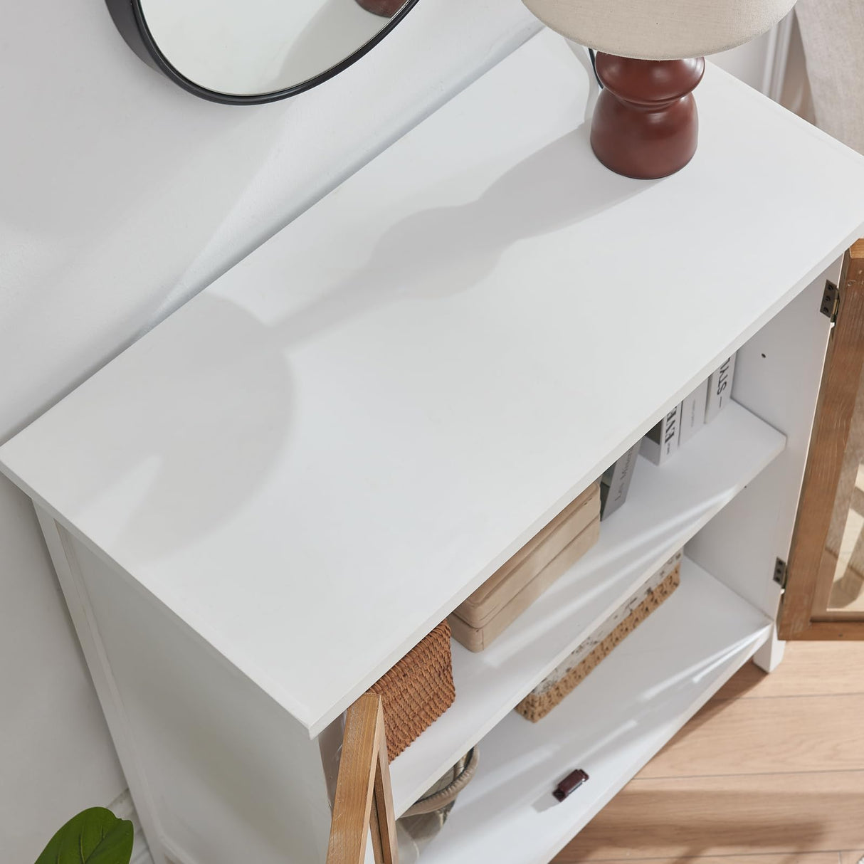 WINWY 30" Farmhouse Sideboard Buffet Credenza Cabinet, Decorative Accent Cabinet with 2 Carved Arched Glass Doors & Adjustable Shelf, Rustic Wooden Storage for Kitchen, Living Room(White,Set of 3) WINWY