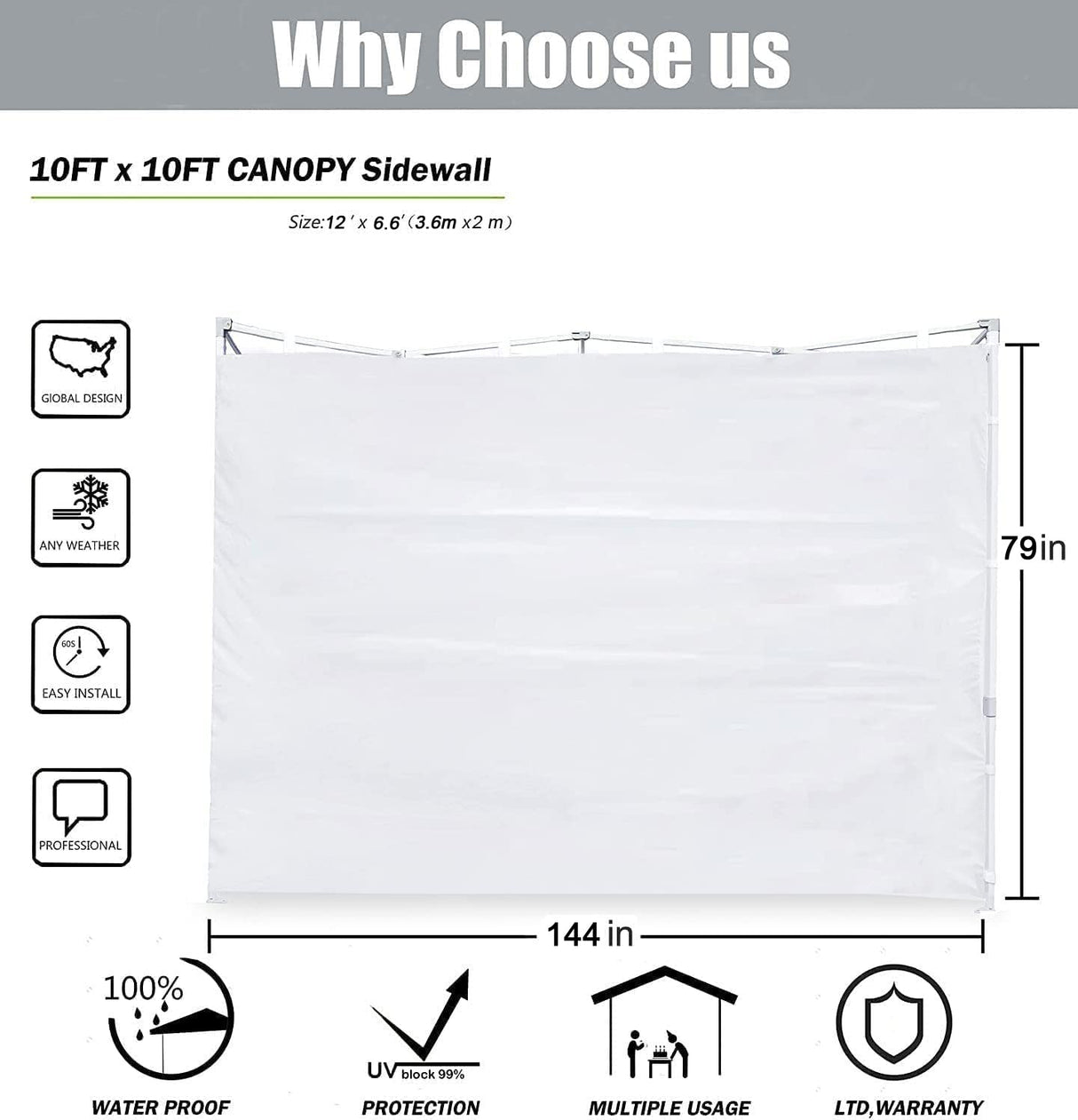 SCOCANOPY SideWall for 12x12ft Canopy Frame, 3 Pack SunWalls Only,(White) SCOCANOPY