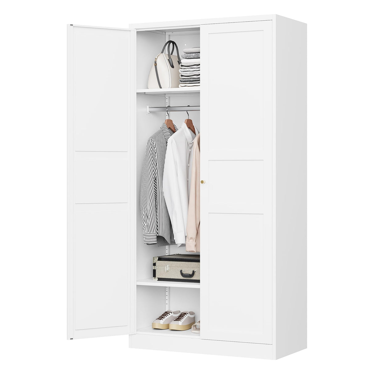 MIIIKO Wardrobe Closet with 2 Doors, 72" Metal Clothing Storage Cabinets with Hanging Rod, Bedroom Armoires Laundry Room and Office Clothes Storage Organizer Cabinets MIIIKO