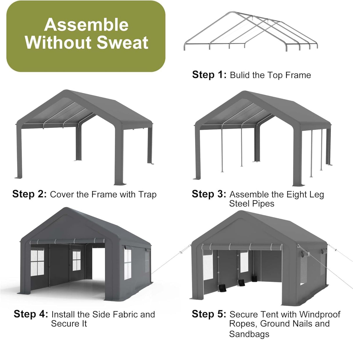 GarveeLife 12x20ft Carport Heavy Duty, Portable Garage with 4 Doors + 4 Window, Upgraded Carport with Reinforced Steel Poles, Uv Resistant Waterproof Tarp for Car, Truck, Boat GarveeLife