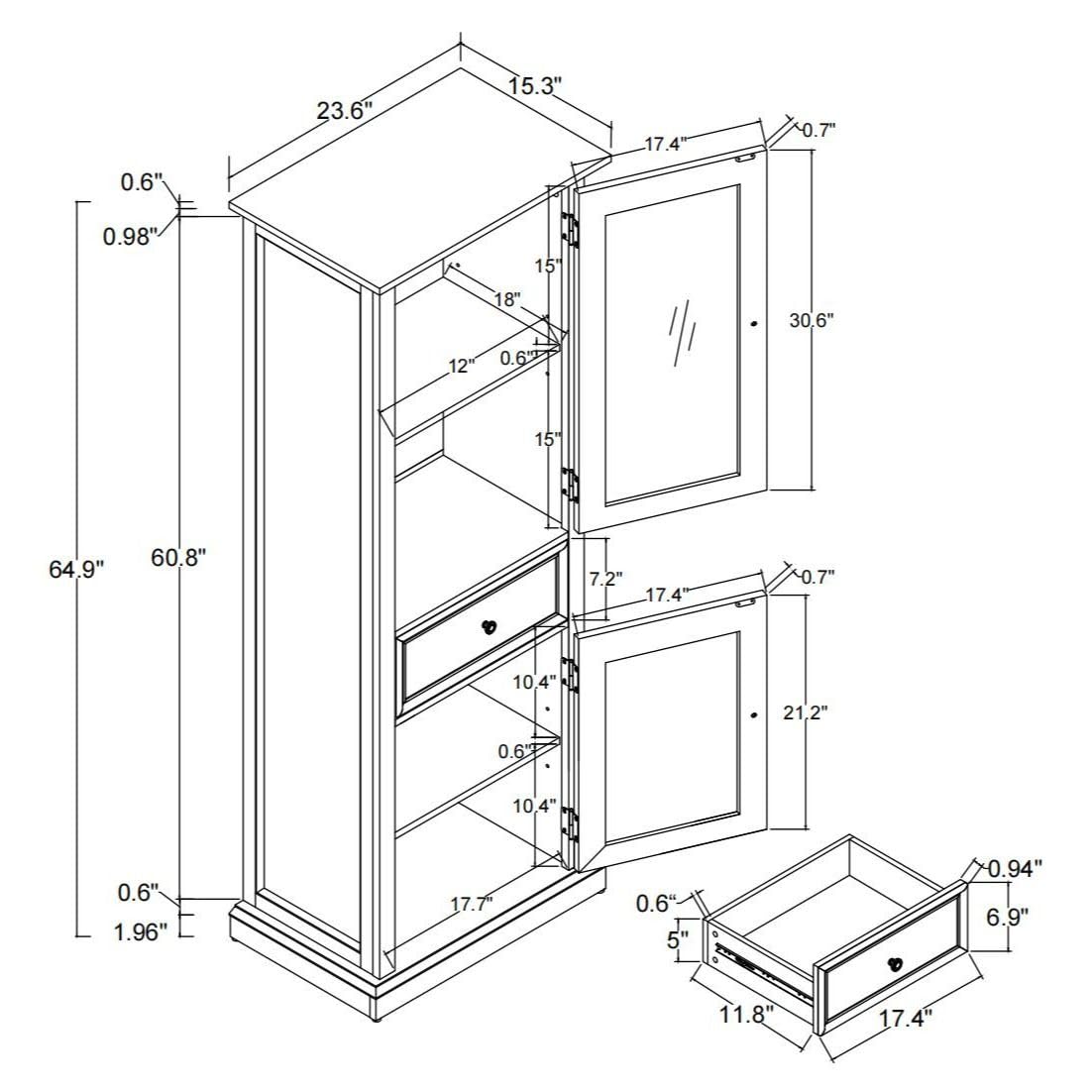 FRITHJILL Tall Storage Cabinet with Glass Door, Modern 65" Display Curio Cabinet with Drawer and Shelf for Living Room, Dining Room, Kitchen, Office - Farmhouse Style Bookcase FRITHJILL