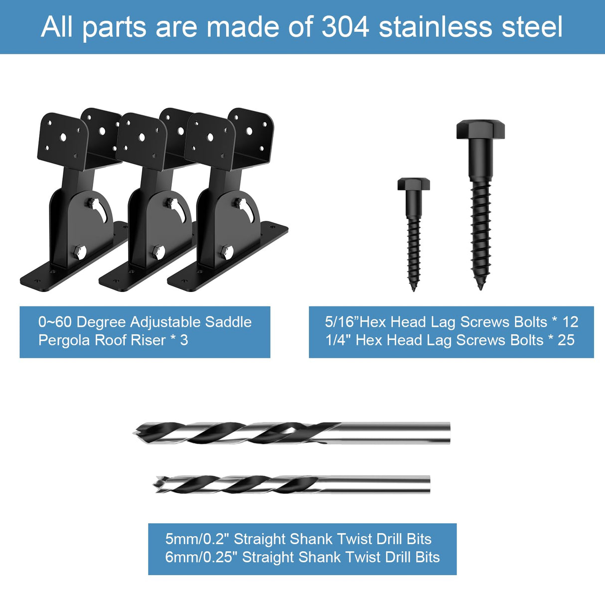 Antsky Pergola Brackets (3 Pack) 4x4 Adjustable Angles Saddle Roof Riser Brackets for Patio Cover 304 Stainless Steel Pergola Bracket kit Patio roof Riser Patio kit Black(Actual Size:3.5"×3.5") Antsky