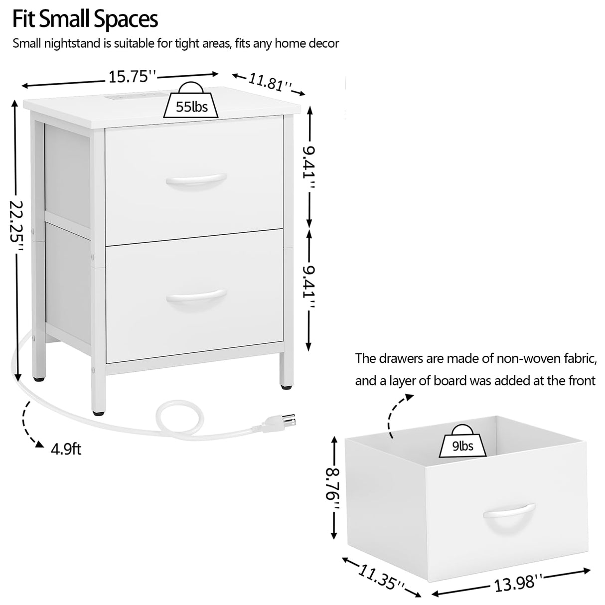 Vagusicc Nightstand Set of 2 with Charging Station, End Table Bedside Table with Power Outlet & USB Ports, Side Table with 2 Fabric Drawers for Bedroom, Living Room, White Vagusicc